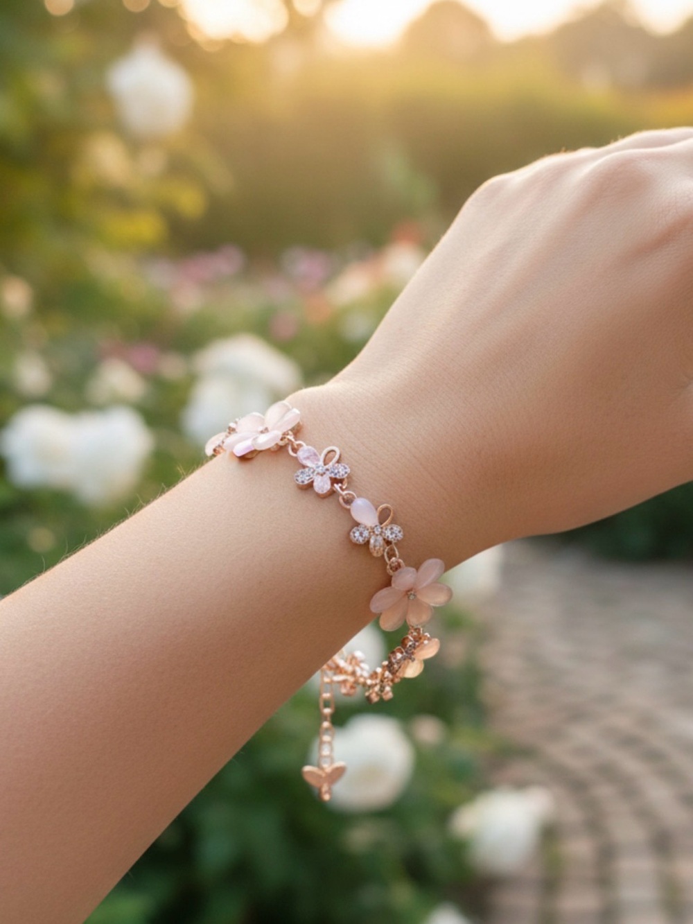 18k Rose Gold Plated Pink Flower Bracelet -extends to 10cm